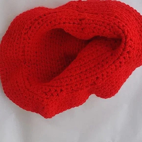 Womens Handmade Crochet Weird Girl Knit Scarlett Red Bell Floppy Bucket Hat - Picture 3 of 6